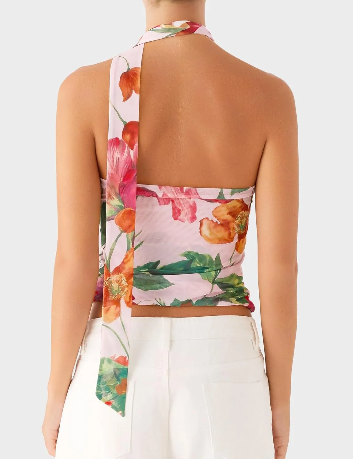 Women's Floral Print Strapless Tube Top Backless Sleeveless Slim Fit Camisole Summer Crop Top with Ribbon Tie