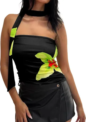 Women's Floral Print Strapless Tube Top Backless Sleeveless Slim Fit Camisole Summer Crop Top with Ribbon Tie
