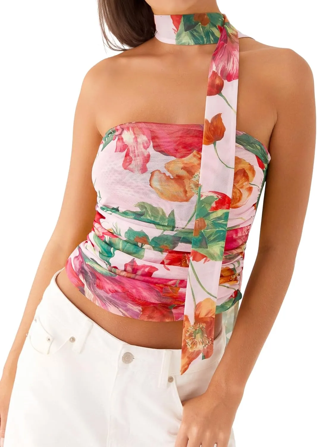 Women's Floral Print Strapless Tube Top Backless Sleeveless Slim Fit Camisole Summer Crop Top with Ribbon Tie
