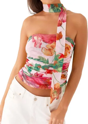 Women's Floral Print Strapless Tube Top Backless Sleeveless Slim Fit Camisole Summer Crop Top with Ribbon Tie