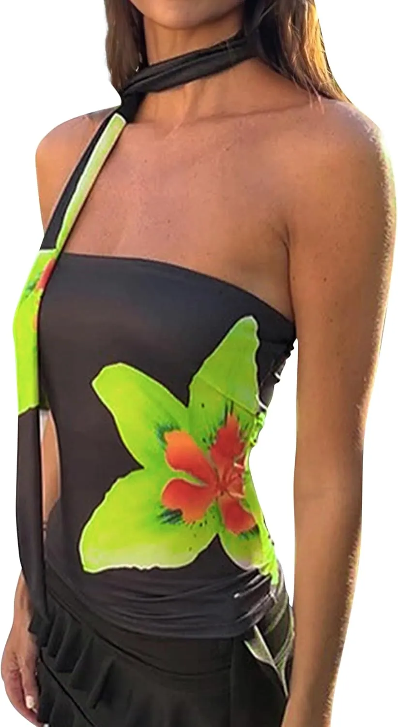 Women's Floral Print Strapless Tube Top Backless Sleeveless Slim Fit Camisole Summer Crop Top with Ribbon Tie