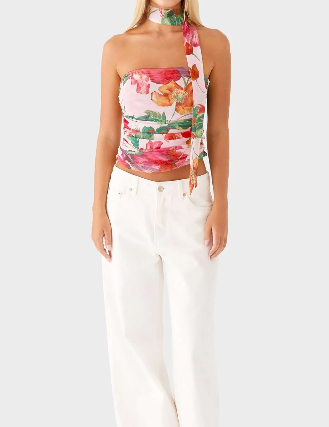 Women's Floral Print Strapless Tube Top Backless Sleeveless Slim Fit Camisole Summer Crop Top with Ribbon Tie