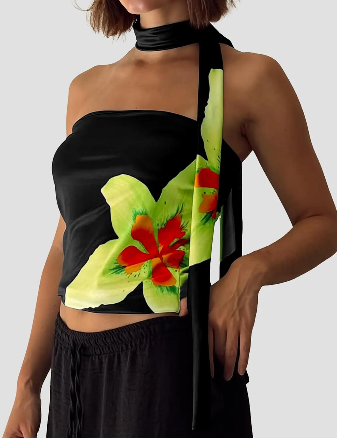 Women's Floral Print Strapless Tube Top Backless Sleeveless Slim Fit Camisole Summer Crop Top with Ribbon Tie