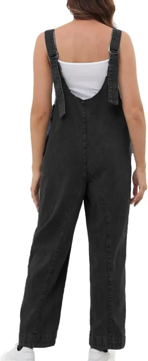 Womens High Roller Denim Jumpsuit Baggy Loose Fit Jean Overalls Adjustable Straps Sleeveless Jumpers with Pockets