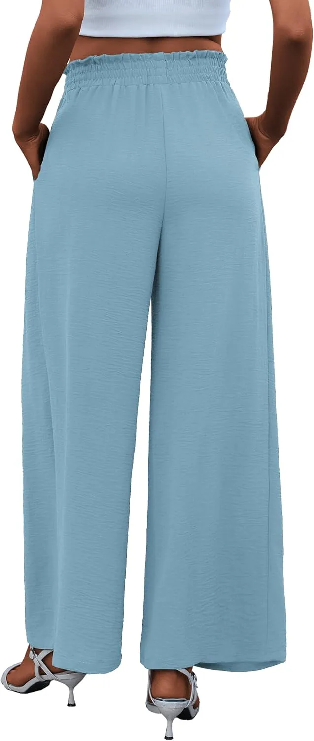 Women's High Waist Wide Leg Long Palazzo Pants Front Knot Tie Elastic Trousers with Pockets Lounge Business Work Pants