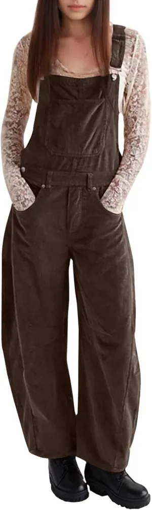 Women's Jumpsuits Overalls Corduroy Bib Jumpsuits Wide Leg Adjustable Romper Outfits with Pockets