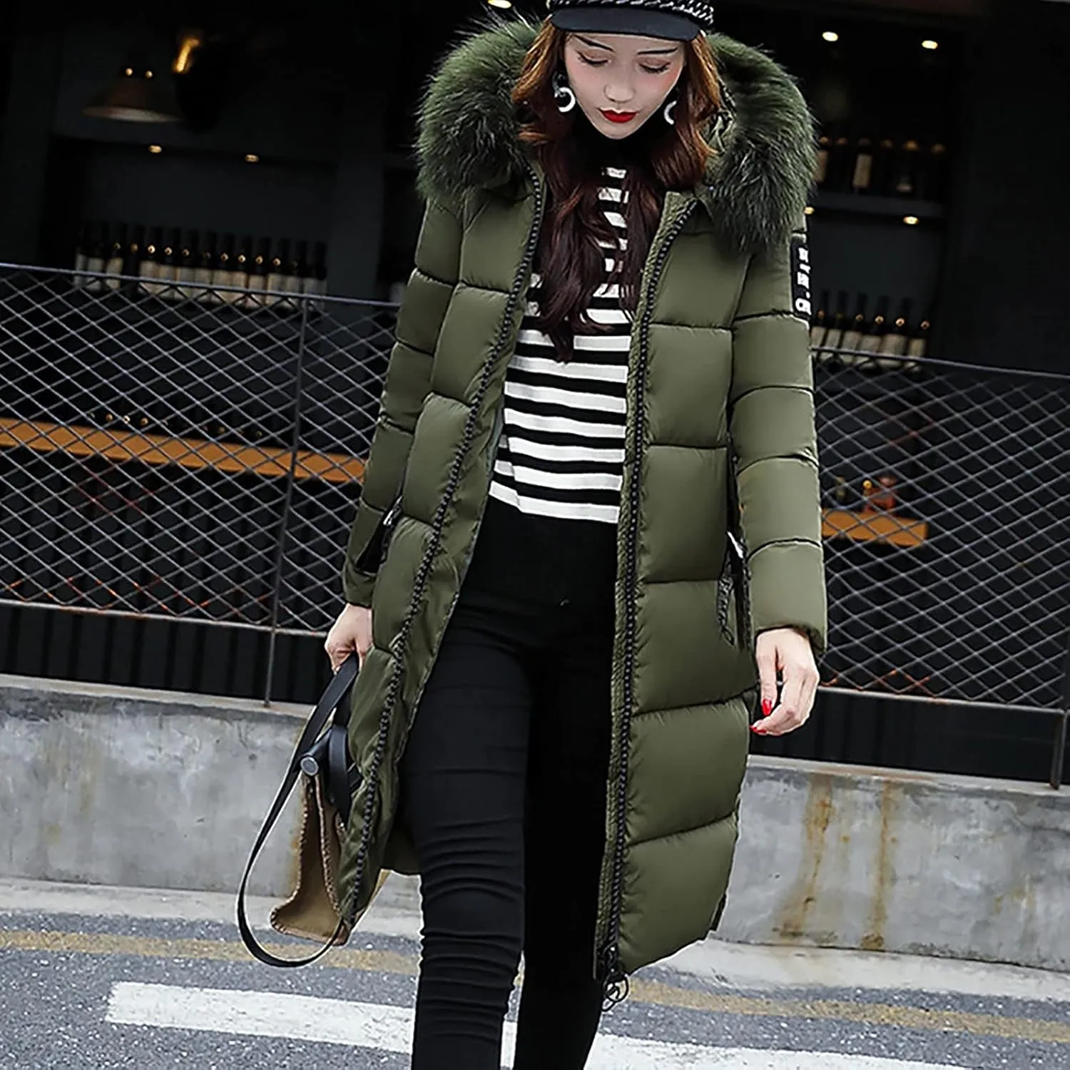 Women's Knee Length Down Jackets Furry Splicing Hoodie Coat Casual Thicker Winter Coats for Women Slim Puffer Jacket