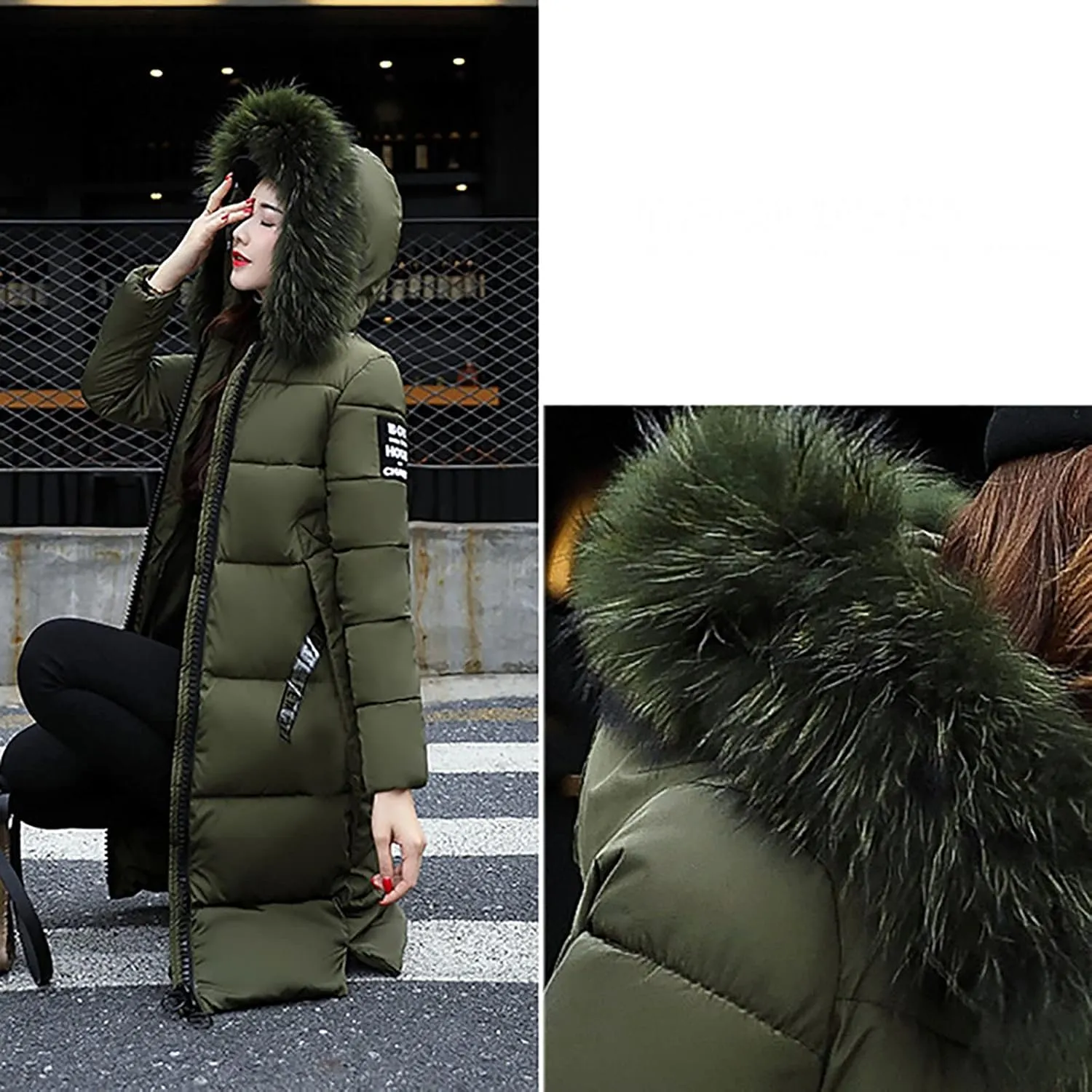 Women's Knee Length Down Jackets Furry Splicing Hoodie Coat Casual Thicker Winter Coats for Women Slim Puffer Jacket