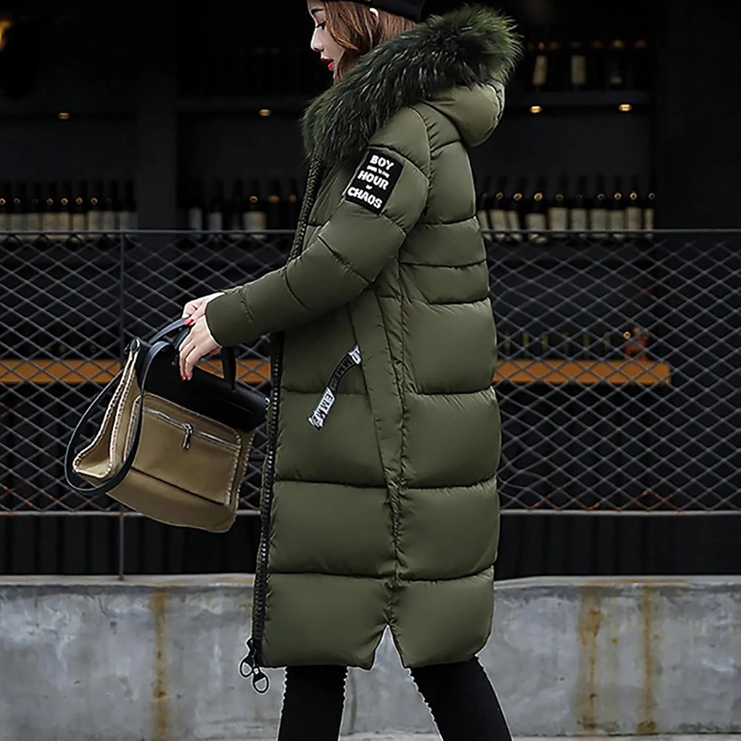 Women's Knee Length Down Jackets Furry Splicing Hoodie Coat Casual Thicker Winter Coats for Women Slim Puffer Jacket