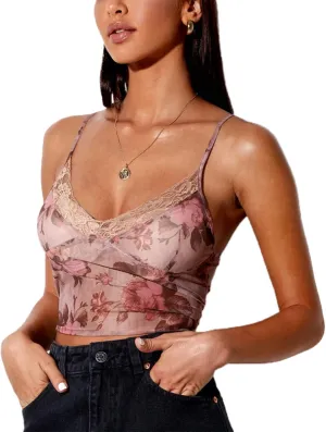 Womens Lace Crop Top Sexy V Neck Spaghetti Strap Tank Top Spliced Cami Sleeveless Patchwork V-Neck Camisole Shirt