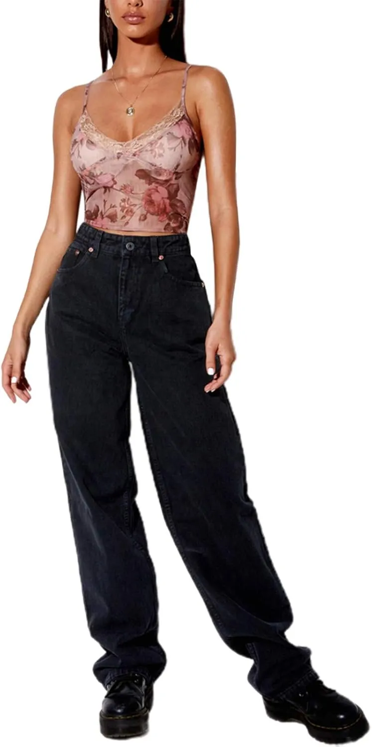 Womens Lace Crop Top Sexy V Neck Spaghetti Strap Tank Top Spliced Cami Sleeveless Patchwork V-Neck Camisole Shirt