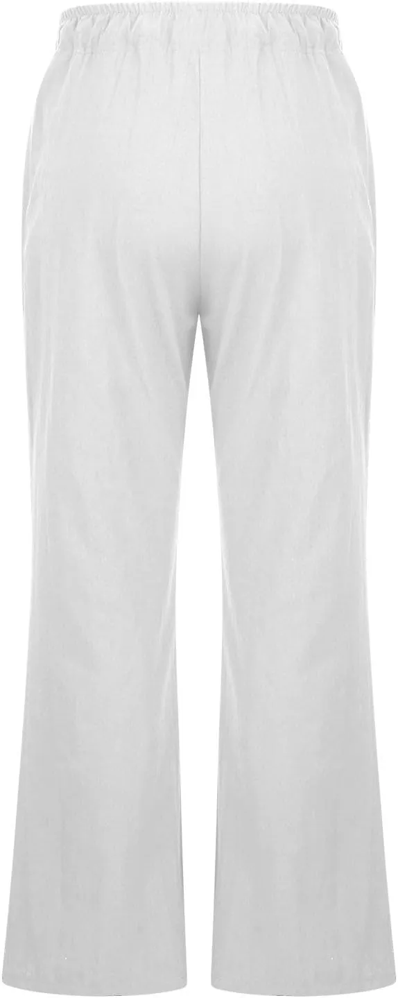 Womens Linen Blend High Waisted Pants Elastic Waist with Drawstring and Pockets,Casual Flared Lounge Trousers