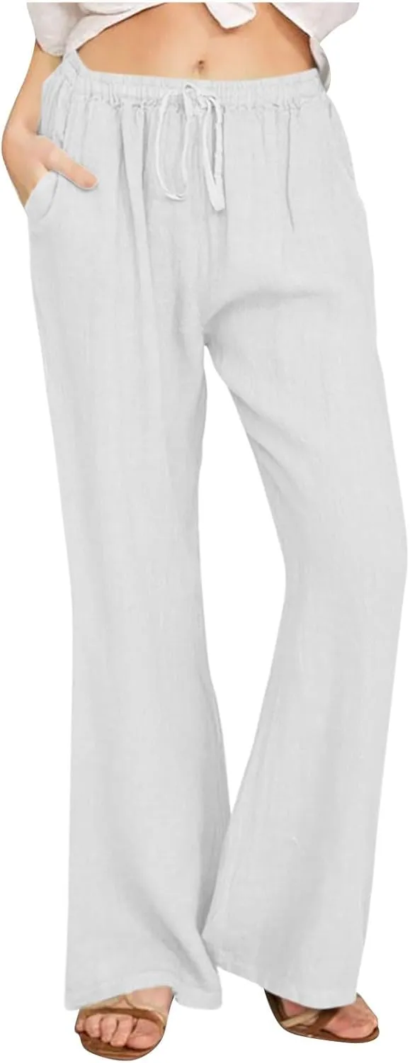 Womens Linen Blend High Waisted Pants Elastic Waist with Drawstring and Pockets,Casual Flared Lounge Trousers