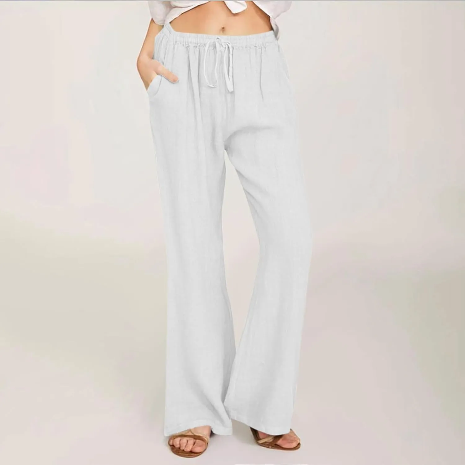 Womens Linen Blend High Waisted Pants Elastic Waist with Drawstring and Pockets,Casual Flared Lounge Trousers
