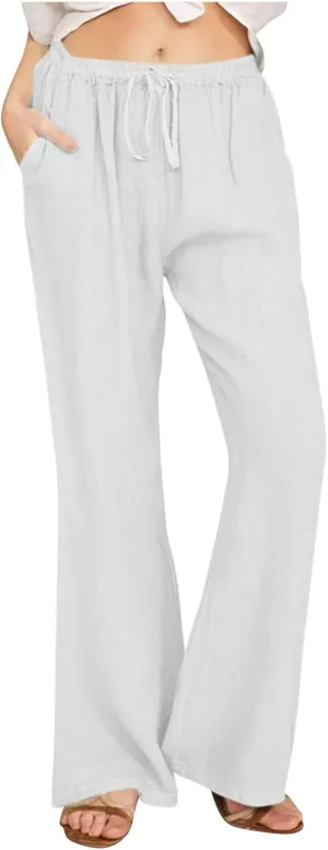 Womens Linen Blend High Waisted Pants Elastic Waist with Drawstring and Pockets,Casual Flared Lounge Trousers