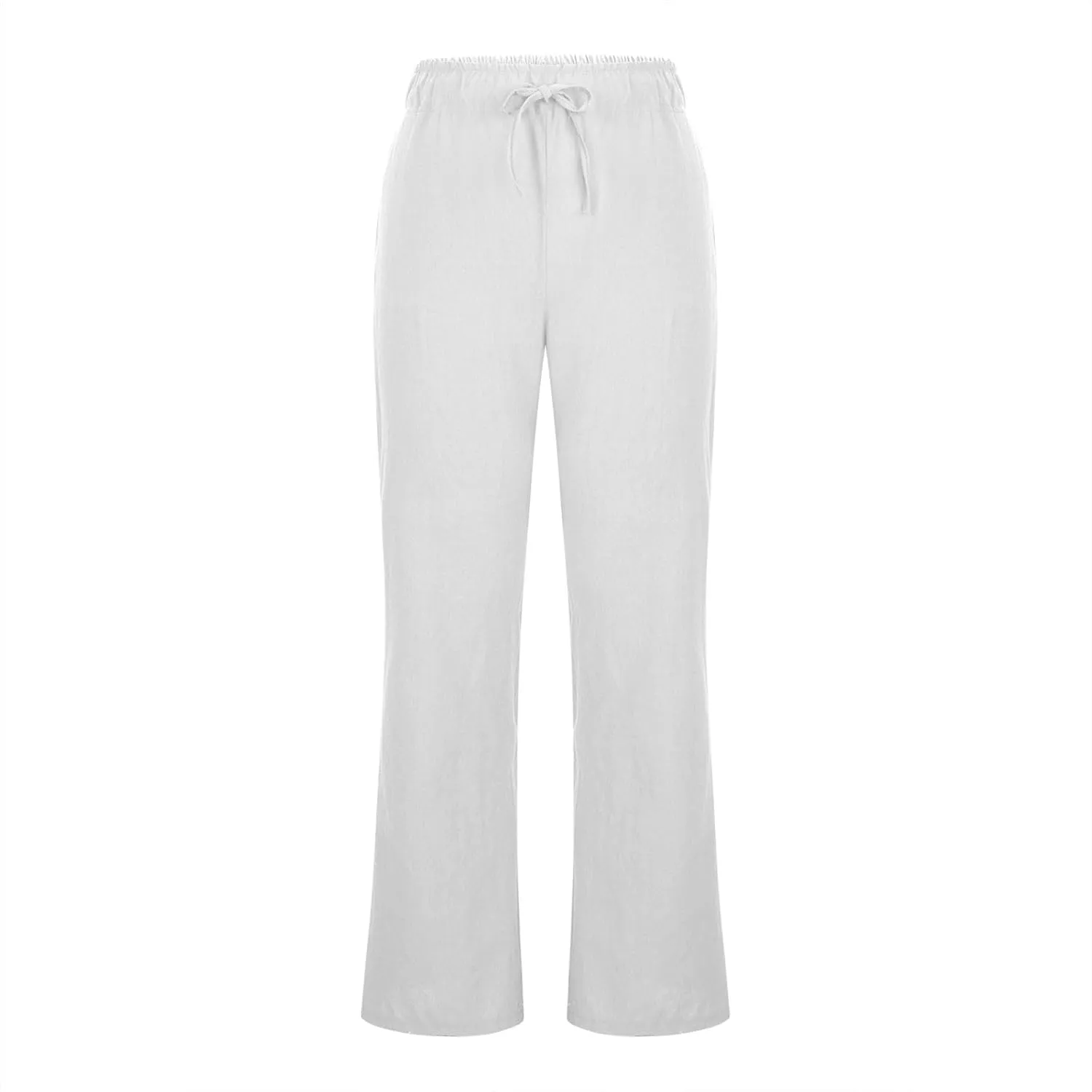 Womens Linen Blend High Waisted Pants Elastic Waist with Drawstring and Pockets,Casual Flared Lounge Trousers