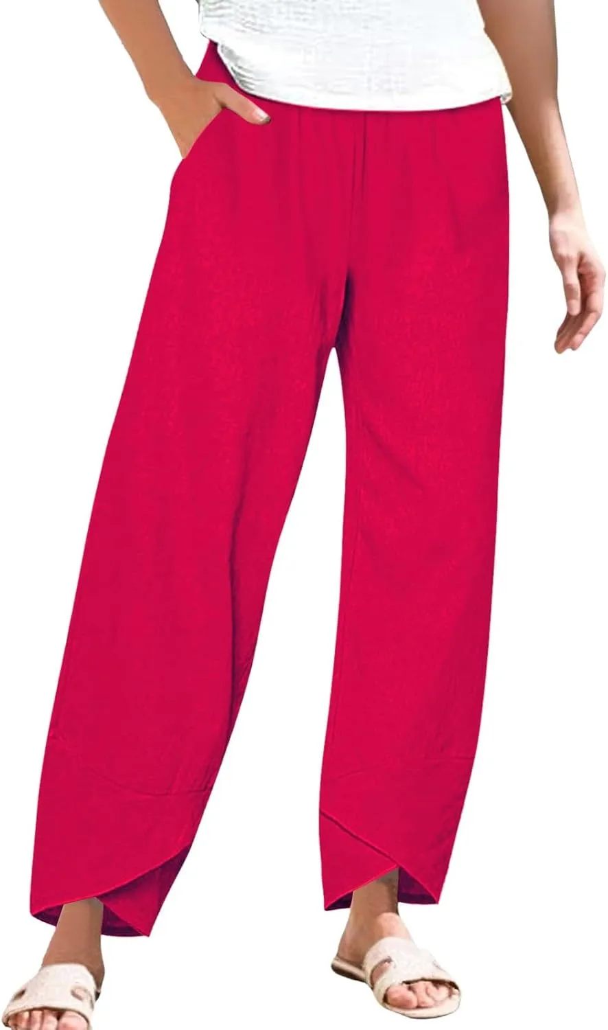 Women's Linen Palazzo Pants Leg Pants Elastic Drawstring Casual Trousers with Pockets Summer Beach Casual Lounge