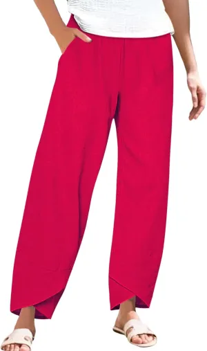 Women's Linen Palazzo Pants Leg Pants Elastic Drawstring Casual Trousers with Pockets Summer Beach Casual Lounge