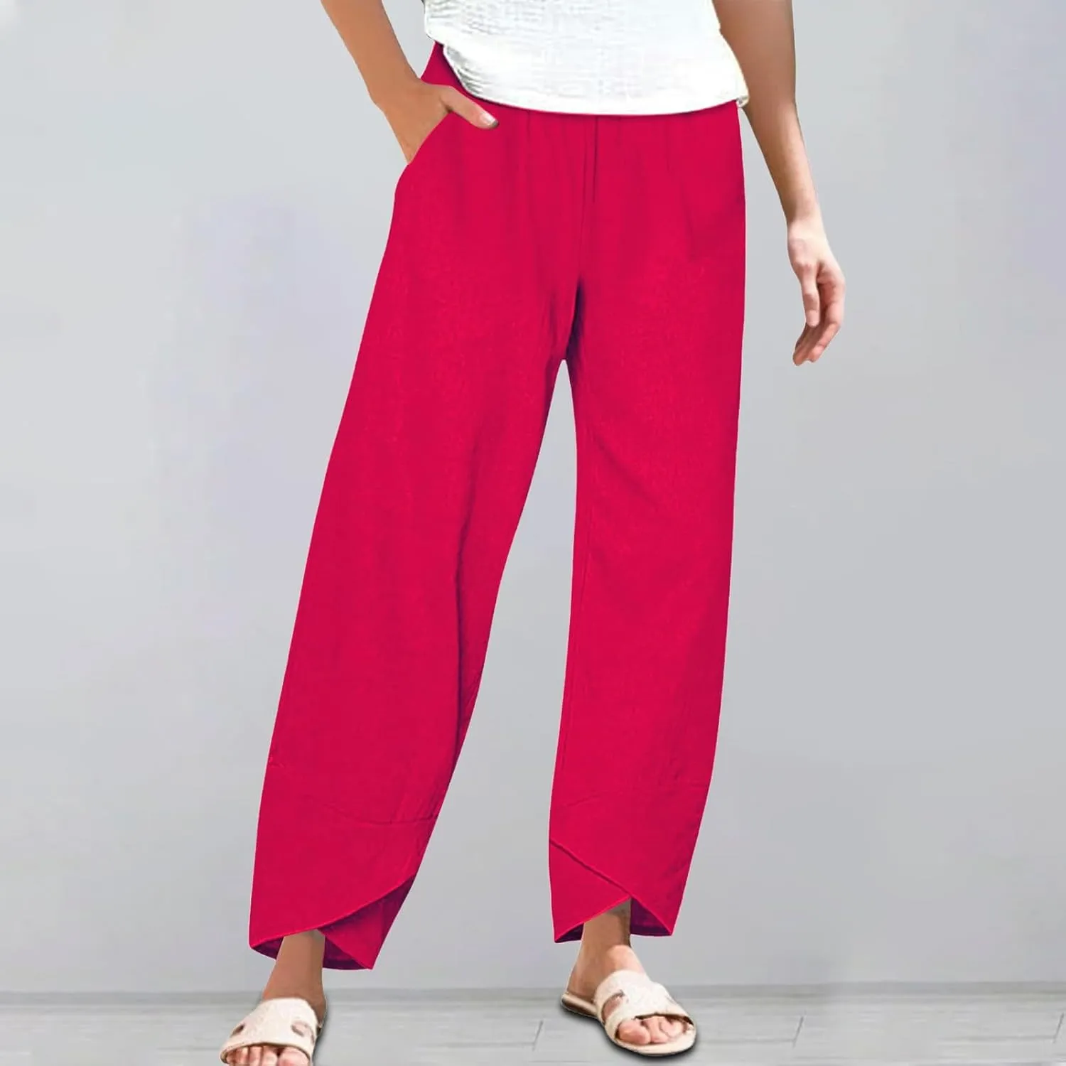 Women's Linen Palazzo Pants Leg Pants Elastic Drawstring Casual Trousers with Pockets Summer Beach Casual Lounge