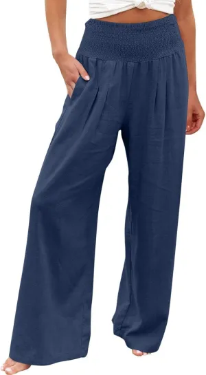 Women's Linen Pants 2025 Summer Casual Loose Wide Leg Palazzo Pants Spring High Waist Flowy Trousers Beach Outfits