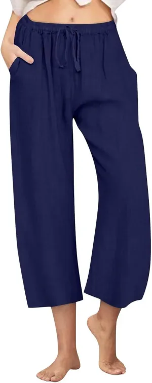 Womens Linen Pants Casual Lightweight Drawstring Elastic Waist Pants Summer Loose Straight Leg Trousers