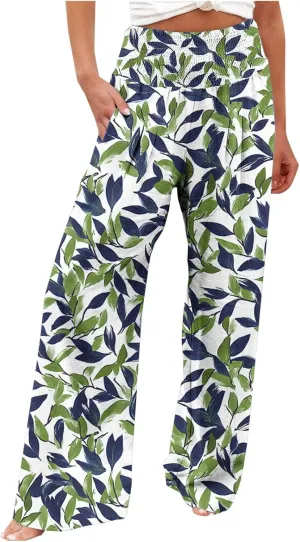Womens Linen Pants for Women Summer High Waist Floral Print Palazzo Pants Vacation Wide Leg Trouser with Pockets