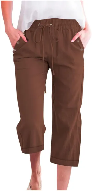 Women's Linen Summer Capris Pants Flowy Wide Leg Beach Pants Casual Cotton Linen Capris Cropped Trousers with Pockets