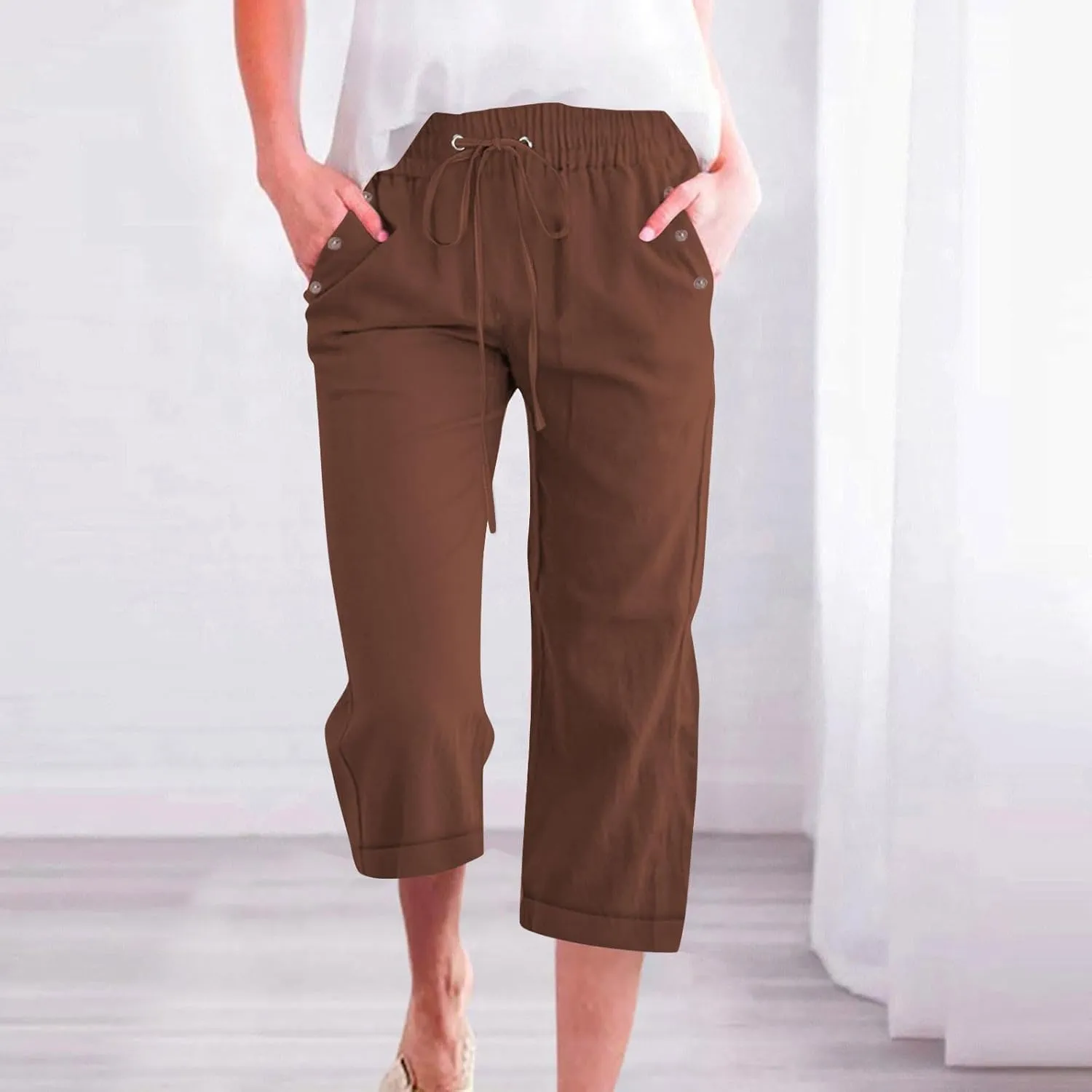 Women's Linen Summer Capris Pants Flowy Wide Leg Beach Pants Casual Cotton Linen Capris Cropped Trousers with Pockets