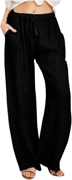 Womens Linen Wide Leg Palazzo Pants Casual Loose Drawstring Summer Beach Travel Vacation Harem Pants with Pockets