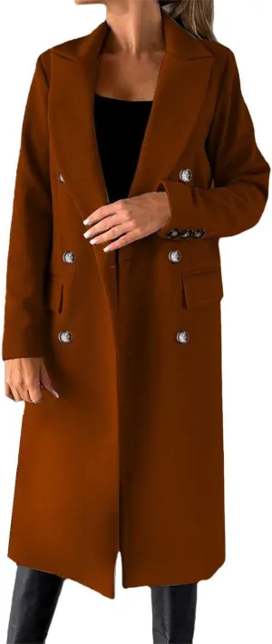 Womens Long Double Breasted Coats Lapel Collar Pea Coat Winter Slim Fit Jackets Trench Coat Outwears