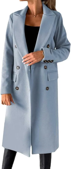 Womens Long Double Breasted Coats Lapel Collar Pea Coat Winter Slim Fit Jackets Trench Coat Outwears