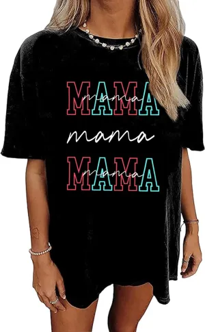 Women's Mama Shirts Vintage Mama Graphic Oversized Tops Mother's Day T-Shirt Summer Loose Fit Short Sleeve Tee Shirt