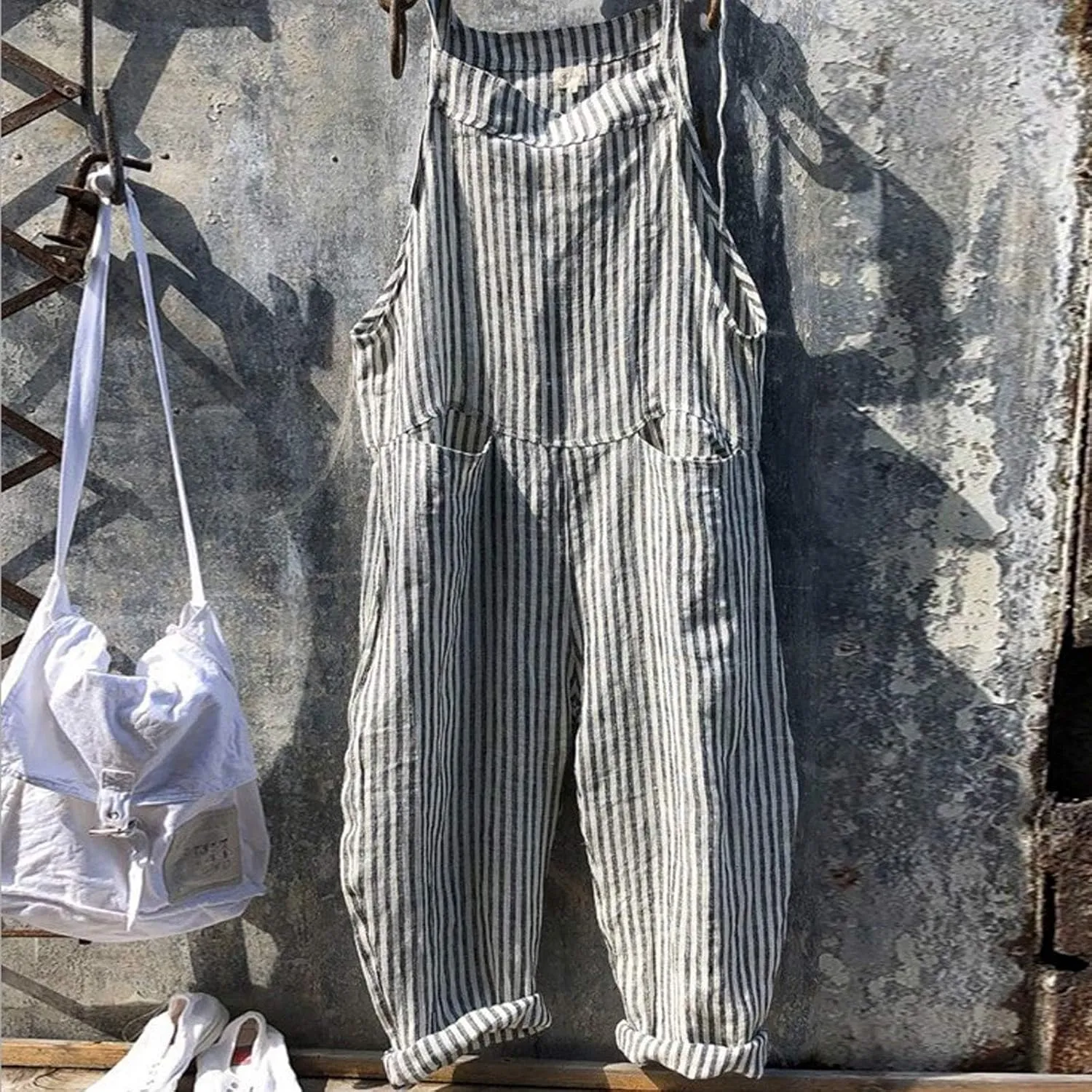 Womens Overalls Loose Fit Casual Stripes Cargo Jumpsuit Sleeveless Rompers Baggy Wide Leg Pants