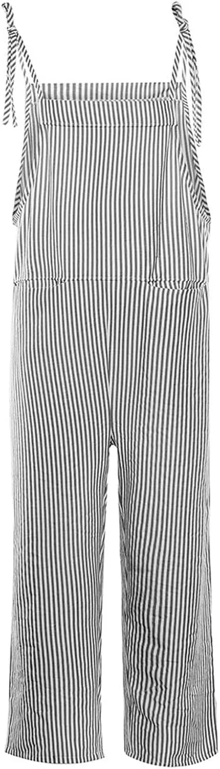 Womens Overalls Loose Fit Casual Stripes Cargo Jumpsuit Sleeveless Rompers Baggy Wide Leg Pants