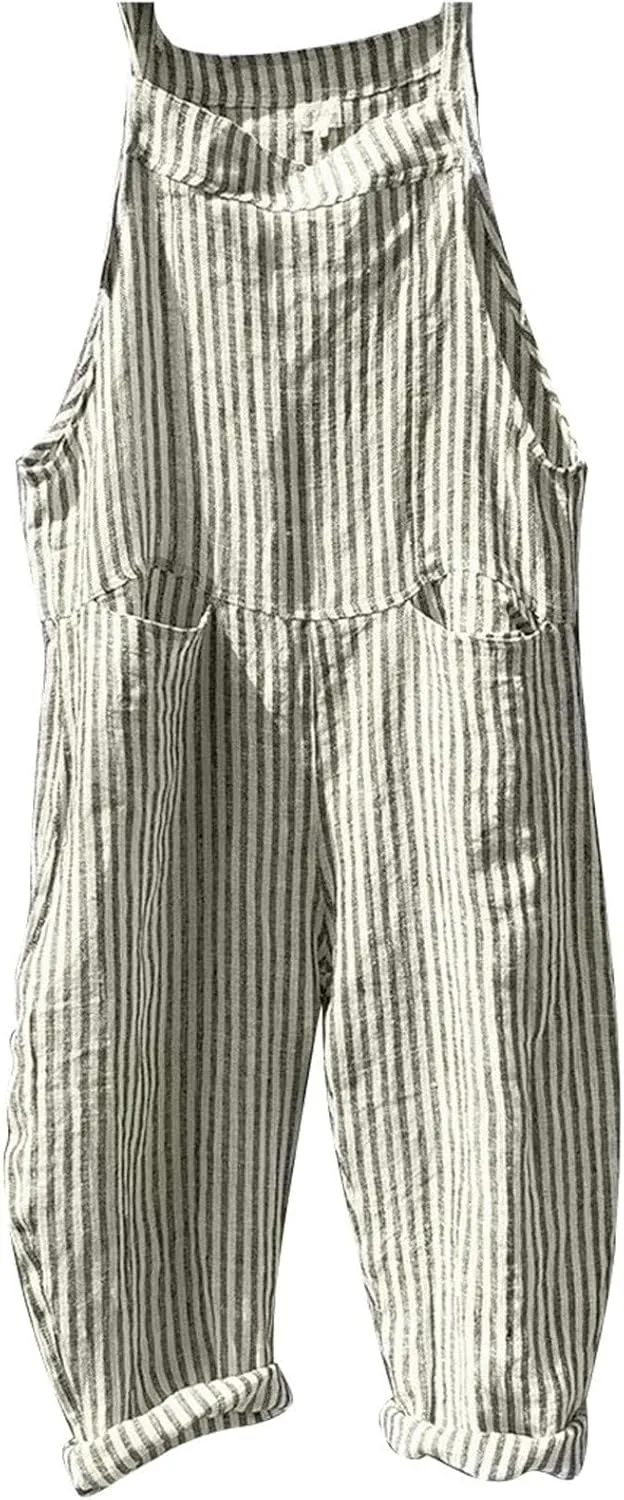 Womens Overalls Loose Fit Casual Stripes Cargo Jumpsuit Sleeveless Rompers Baggy Wide Leg Pants