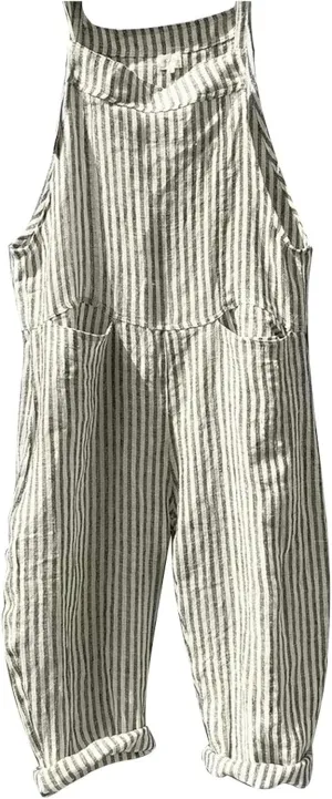 Womens Overalls Loose Fit Casual Stripes Cargo Jumpsuit Sleeveless Rompers Baggy Wide Leg Pants