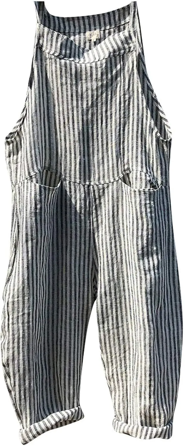 Womens Overalls Loose Fit Casual Stripes Cargo Jumpsuit Sleeveless Rompers Baggy Wide Leg Pants
