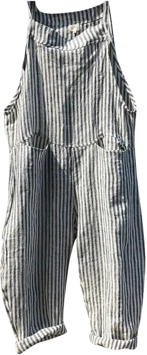 Womens Overalls Loose Fit Casual Stripes Cargo Jumpsuit Sleeveless Rompers Baggy Wide Leg Pants