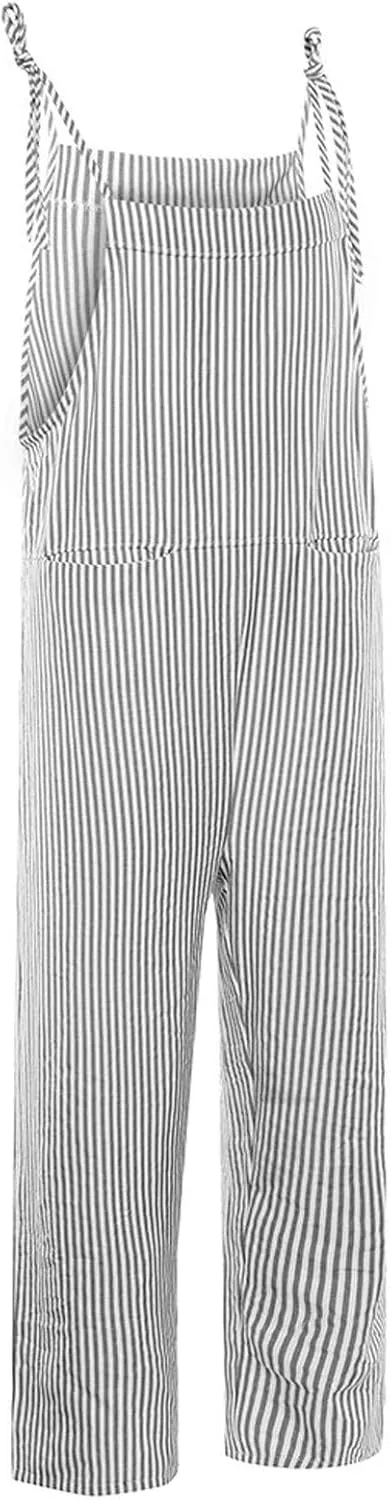 Womens Overalls Loose Fit Casual Stripes Cargo Jumpsuit Sleeveless Rompers Baggy Wide Leg Pants