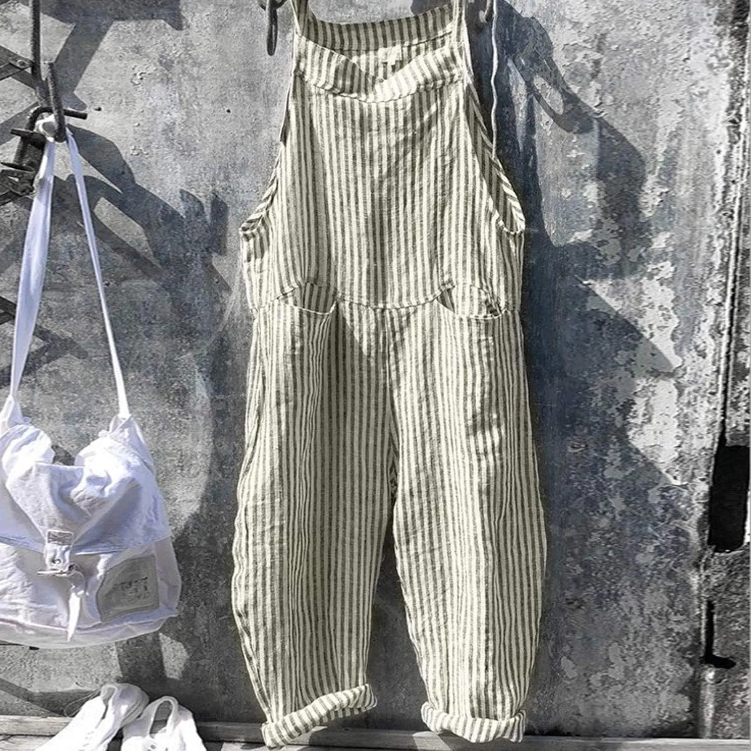 Womens Overalls Loose Fit Casual Stripes Cargo Jumpsuit Sleeveless Rompers Baggy Wide Leg Pants