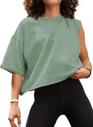 Women's Oversize Workout Crop Tops Short Sleeve Crewneck Drop Shoulder Boxy T Shirts Summer Casual Solid Basic Tees