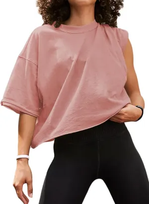 Women's Oversize Workout Crop Tops Short Sleeve Crewneck Drop Shoulder Boxy T Shirts Summer Casual Solid Basic Tees