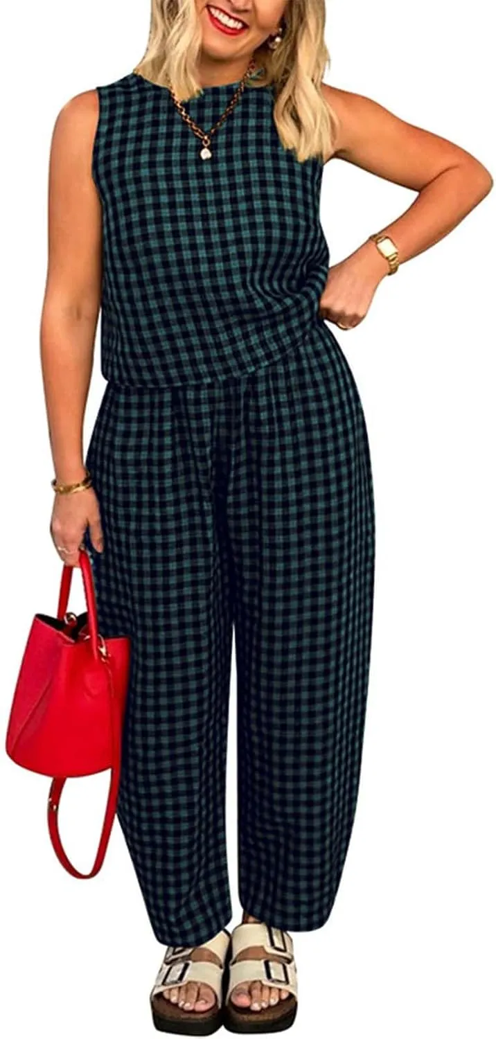 Womens Plaid 2 Pieces Lounge Pants Sets Y2K Sleeveless Gingham Crop Tank Top Outfits Baggy Wide Leg Barrel Loungewear Suits
