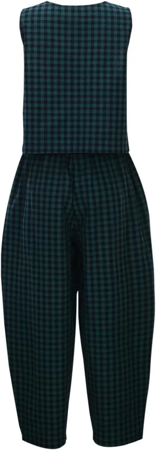 Womens Plaid 2 Pieces Lounge Pants Sets Y2K Sleeveless Gingham Crop Tank Top Outfits Baggy Wide Leg Barrel Loungewear Suits