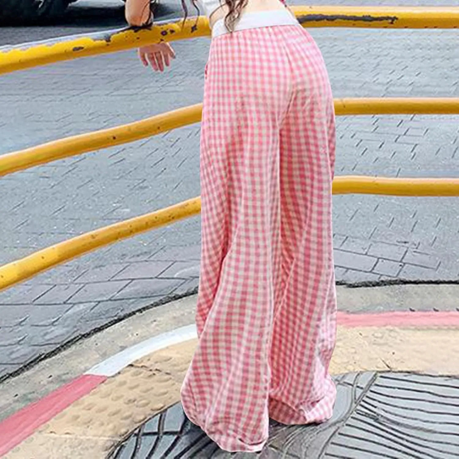 Women's Plaid Pants Summer Casual Trendy Loose Color Block Palazzo Pants High Waist Lightweight Flowy Beach Trouser