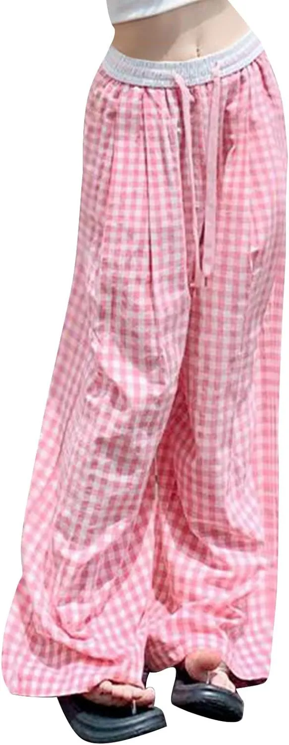 Women's Plaid Pants Summer Casual Trendy Loose Color Block Palazzo Pants High Waist Lightweight Flowy Beach Trouser