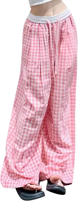 Women's Plaid Pants Summer Casual Trendy Loose Color Block Palazzo Pants High Waist Lightweight Flowy Beach Trouser