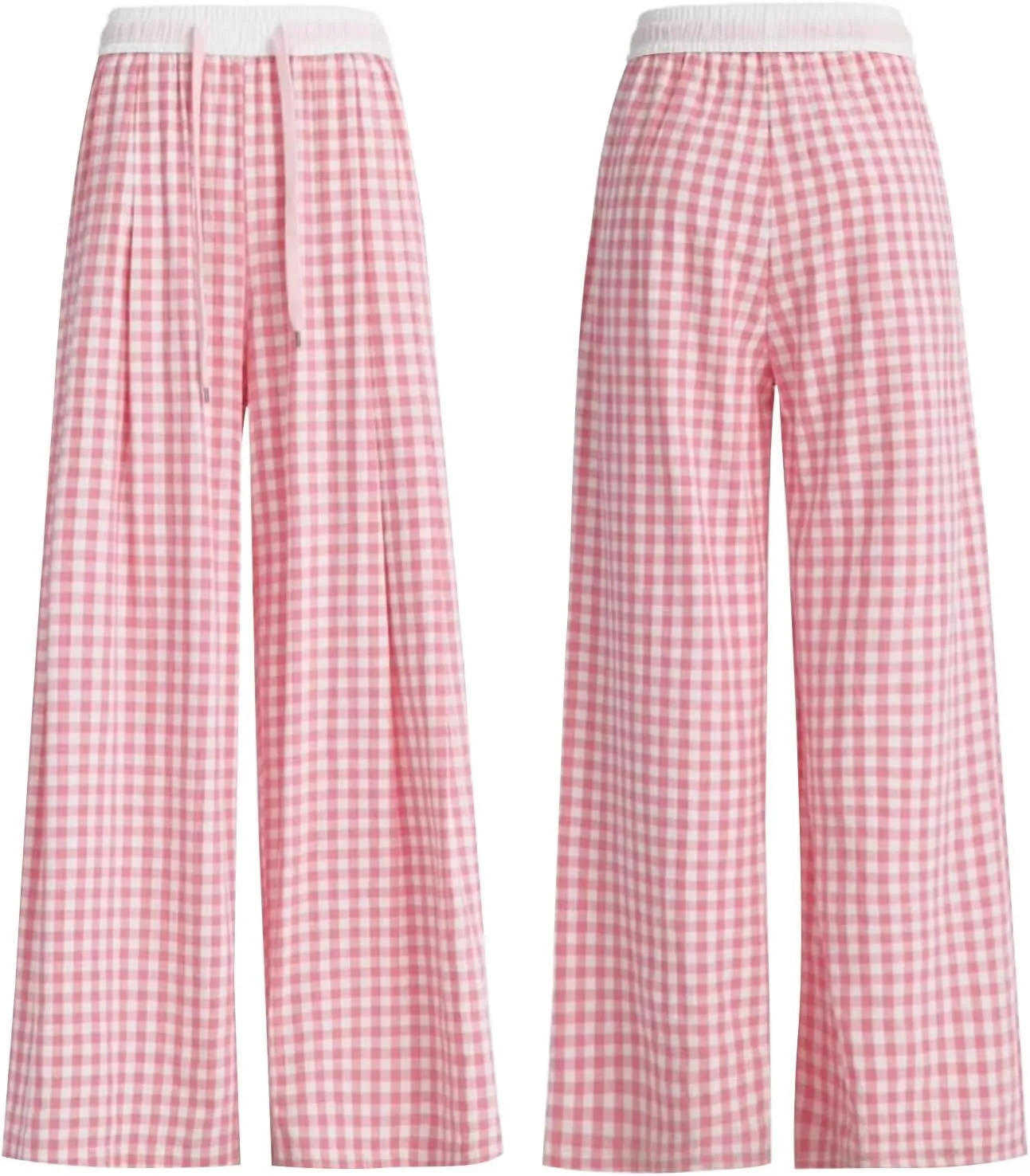 Women's Plaid Pants Summer Casual Trendy Loose Color Block Palazzo Pants High Waist Lightweight Flowy Beach Trouser