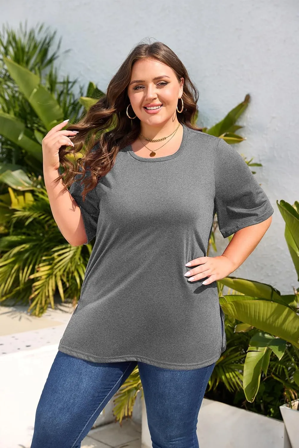Women's Plus Size Crewneck Tops Half Sleeve Summer T-Shirt Loose Fit Blouse Casual Tunic with Side Split XL- 5XL