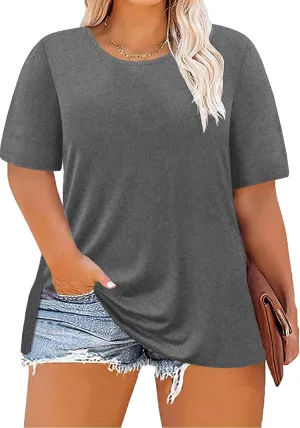 Women's Plus Size Crewneck Tops Half Sleeve Summer T-Shirt Loose Fit Blouse Casual Tunic with Side Split XL- 5XL